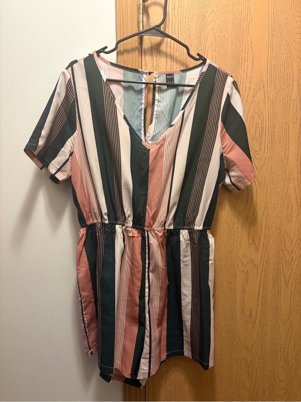 SHEIN Pink, Green & White Striped V-Neck Romper
